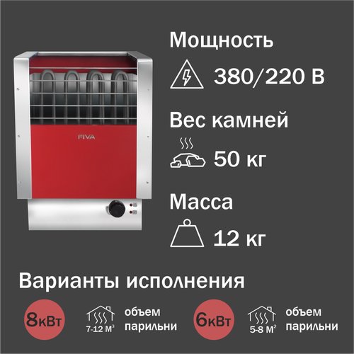 Электрокаменка УМТ Fiva ЭКМ 8 кВт (380/220 В, встроенный пульт, красная)